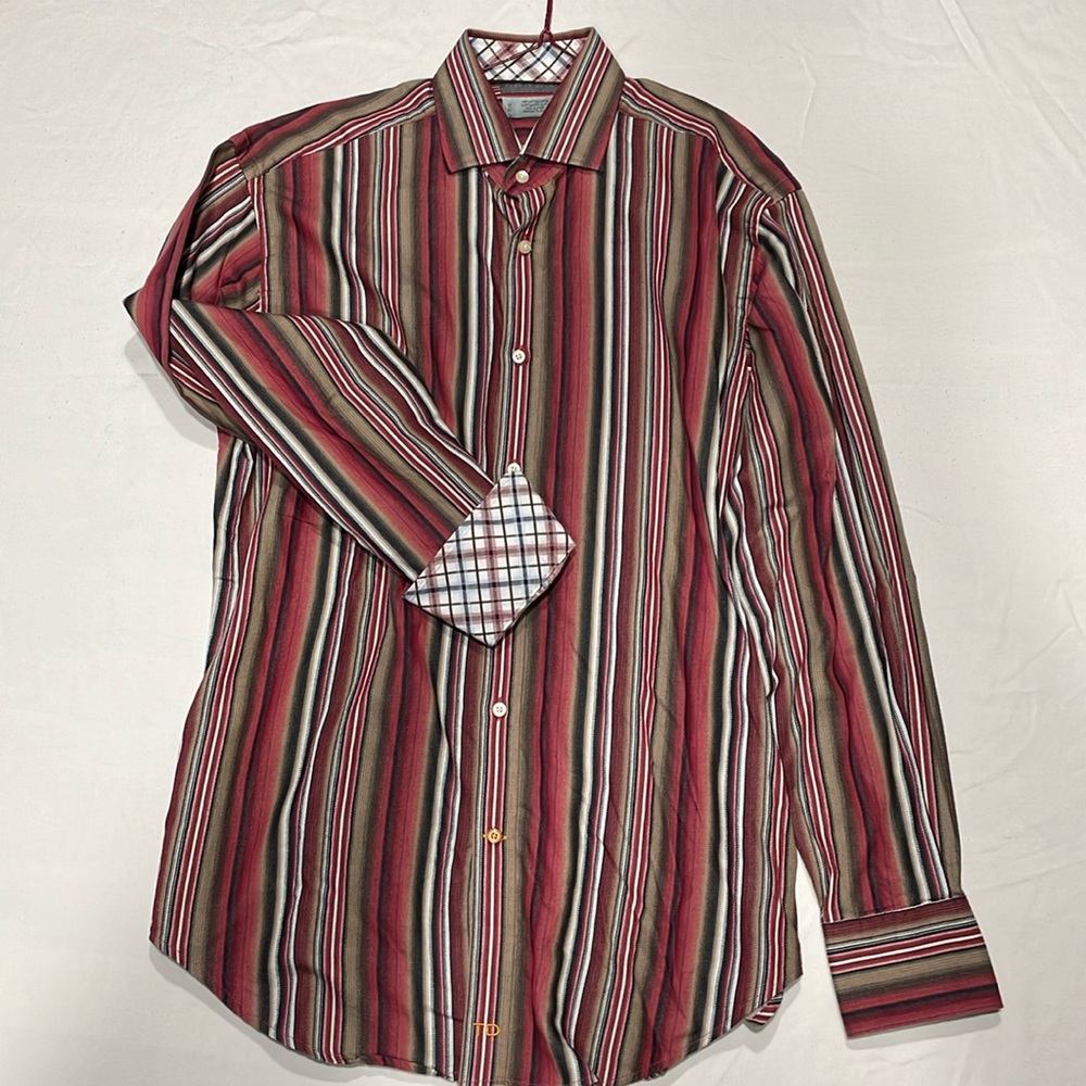 Thomas Dean mens red/tan/black/white striped shirt size Medium
